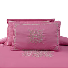 Mist Pink with Silver Embroidery 8 Pcs Cotton Sateen Bedding Set with Filled Comforter