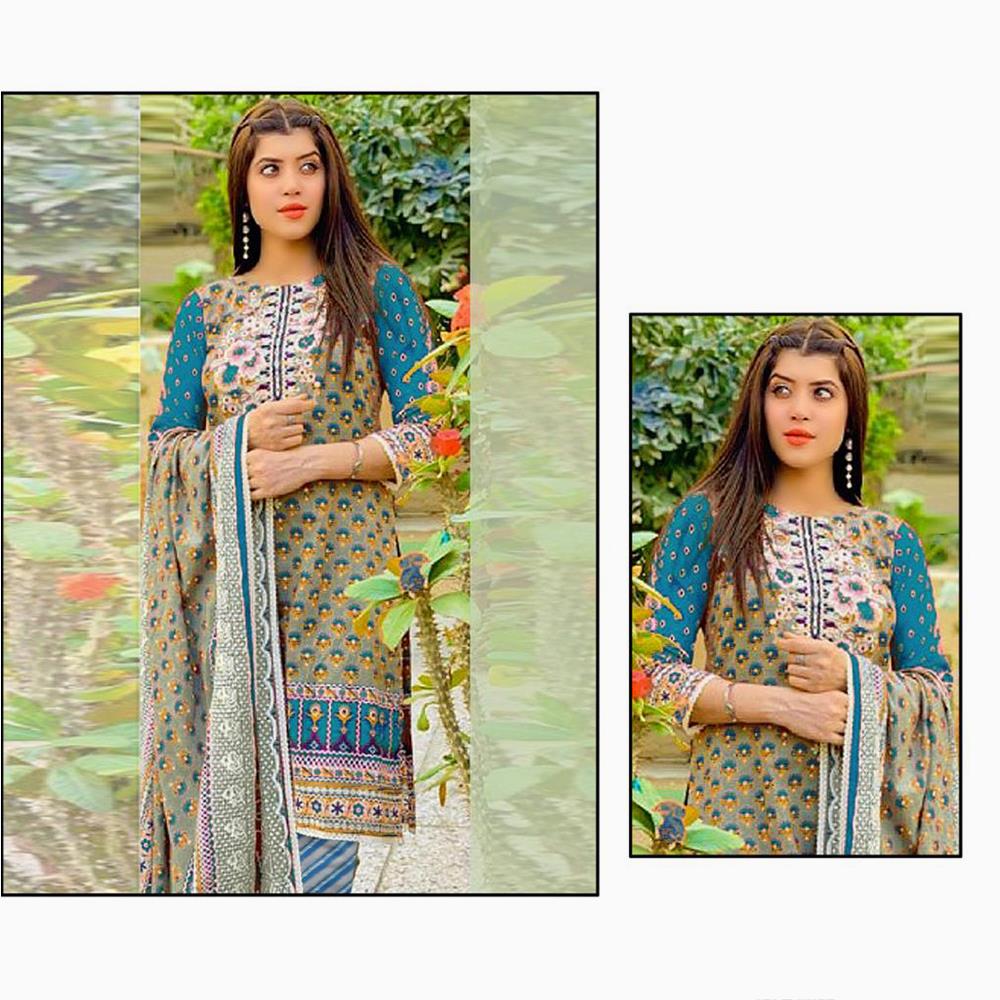 Nisha 3 Pcs Unstitched Printed Lawn Suit Azure Blue