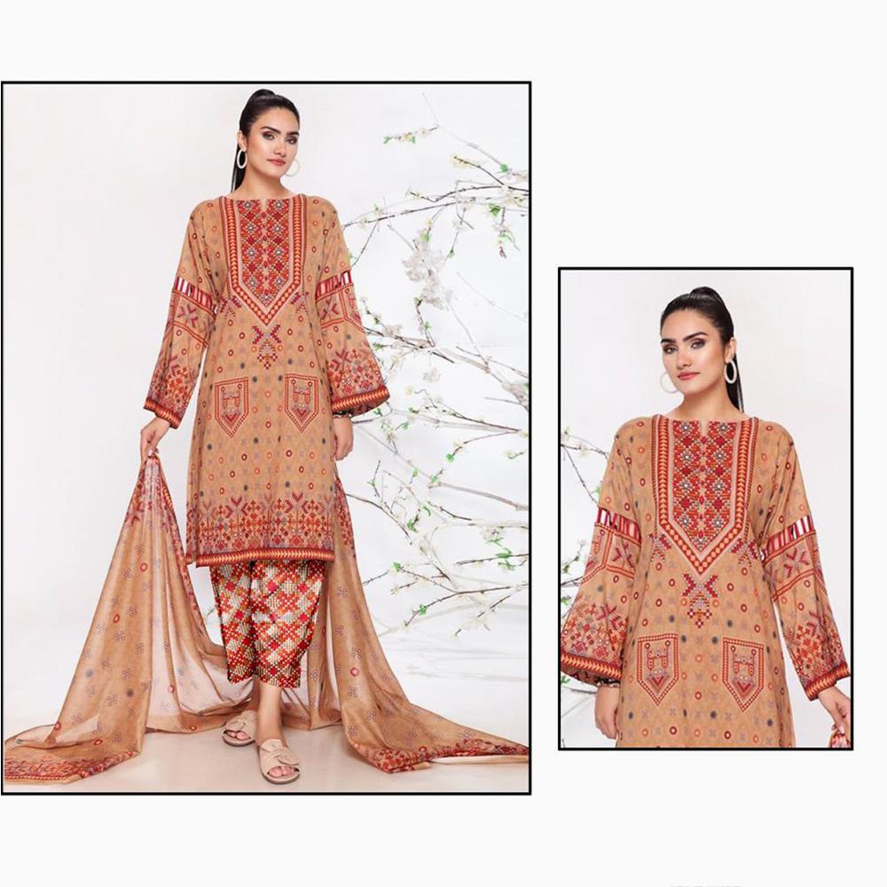 Nisha 3 Pcs Unstitched Printed Lawn Suit Flame Red