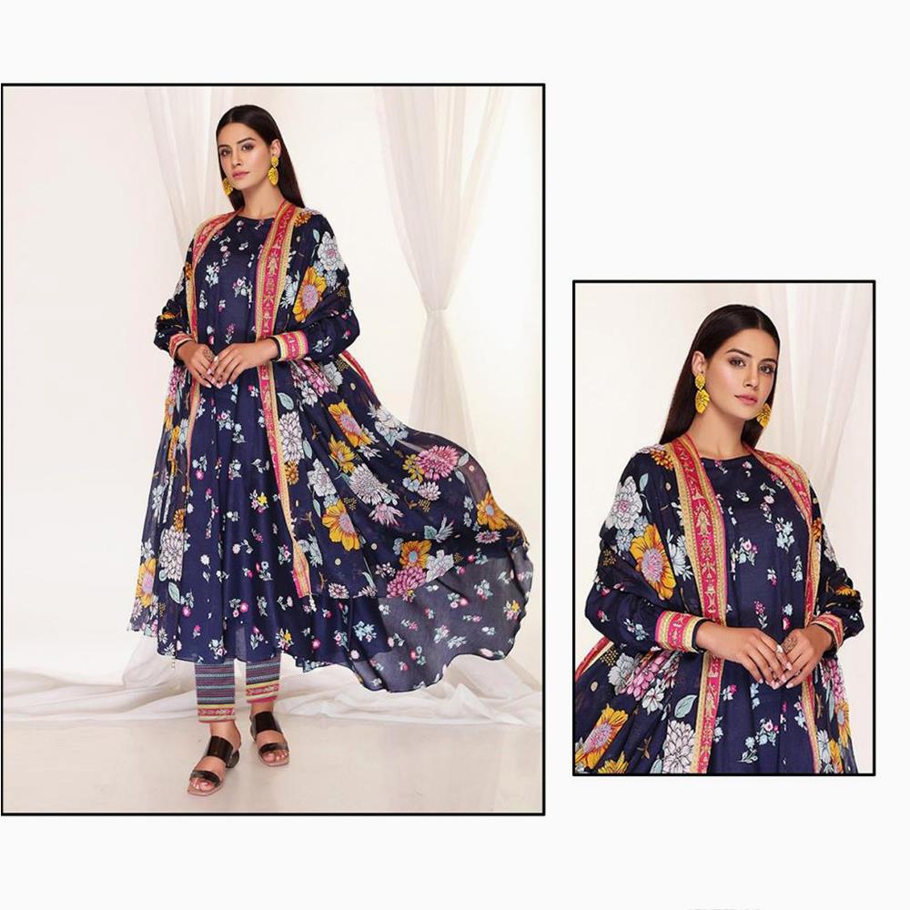 Nisha 3 Pcs Unstitched Printed Lawn Suit Floral Blue