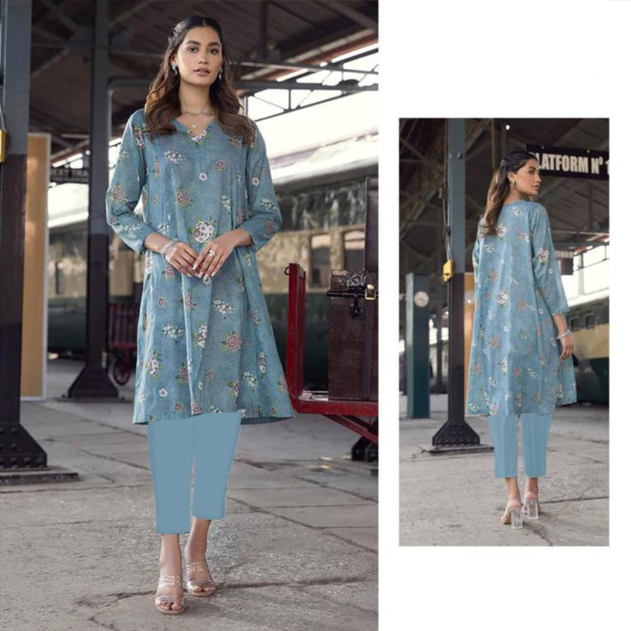 Nisha 3 Pcs Unstitched Printed Lawn Suit Steel Blue