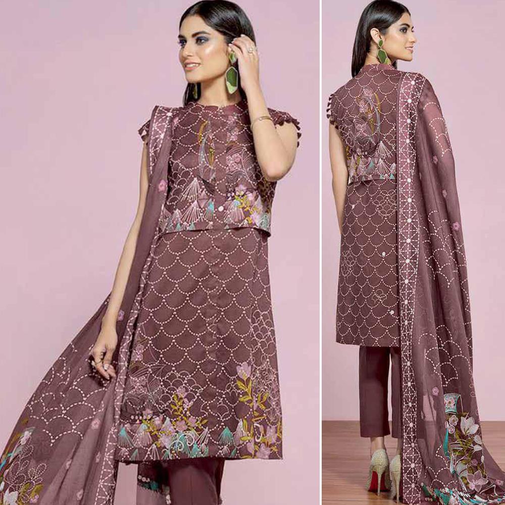 Nisha Printed 3 Pcs Suit Sienna Brown