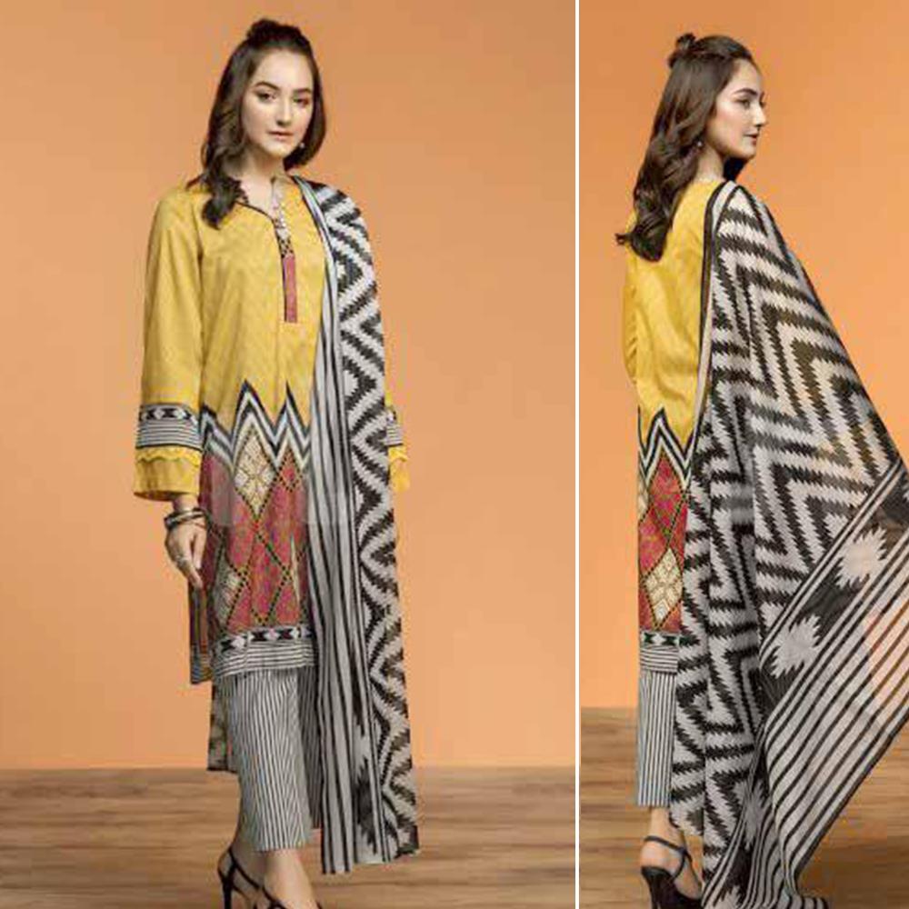 Nisha Printed 3 Pcs Suit Yellow Black