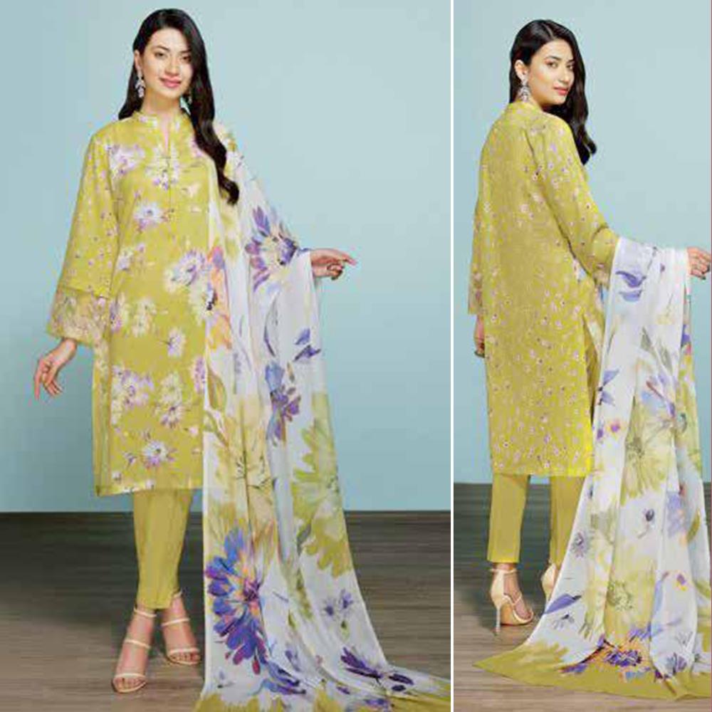 Nisha Printed 3 Pcs Suit Yellow White