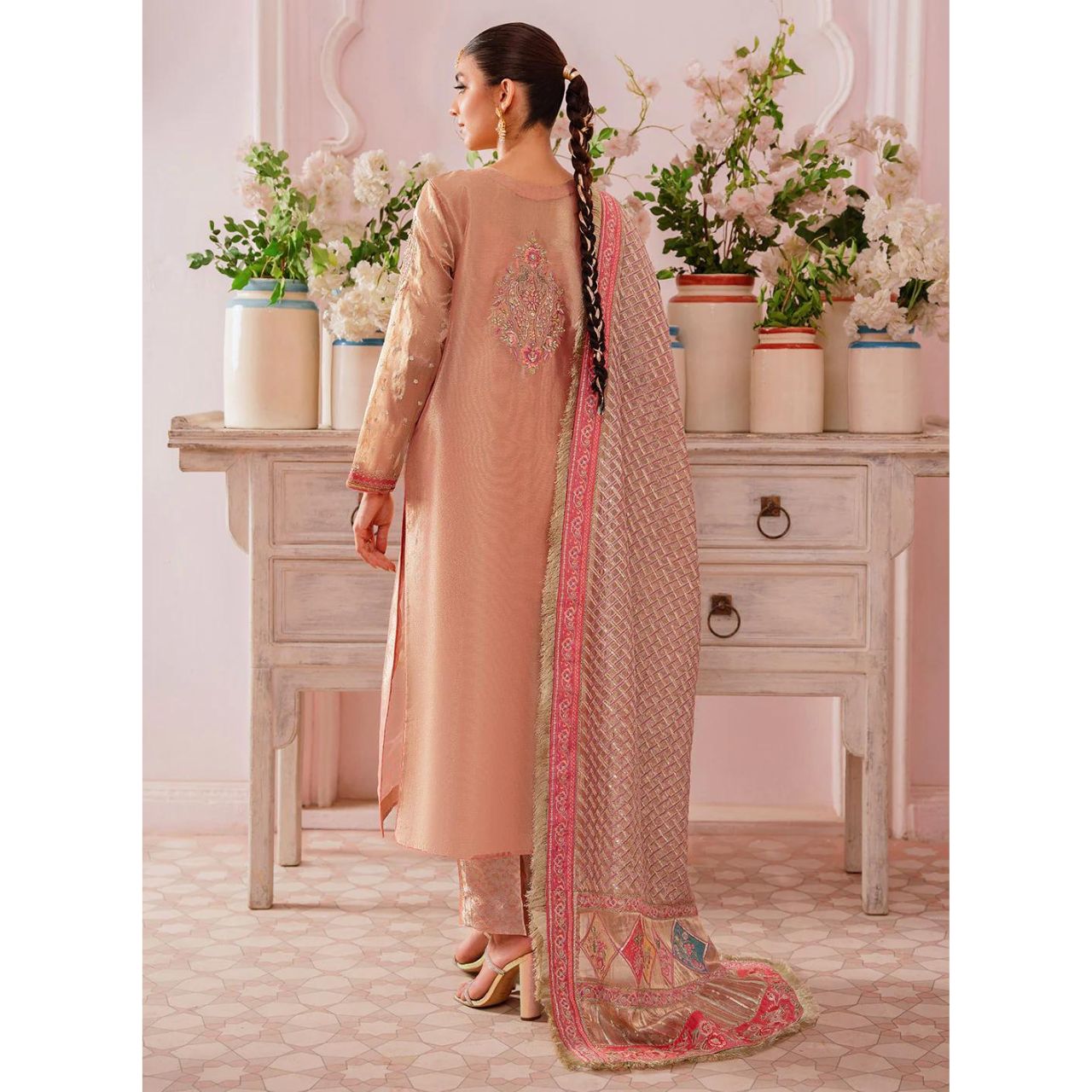 Noor 3 Pcs Embroidered Luxury Suit Rose Gold