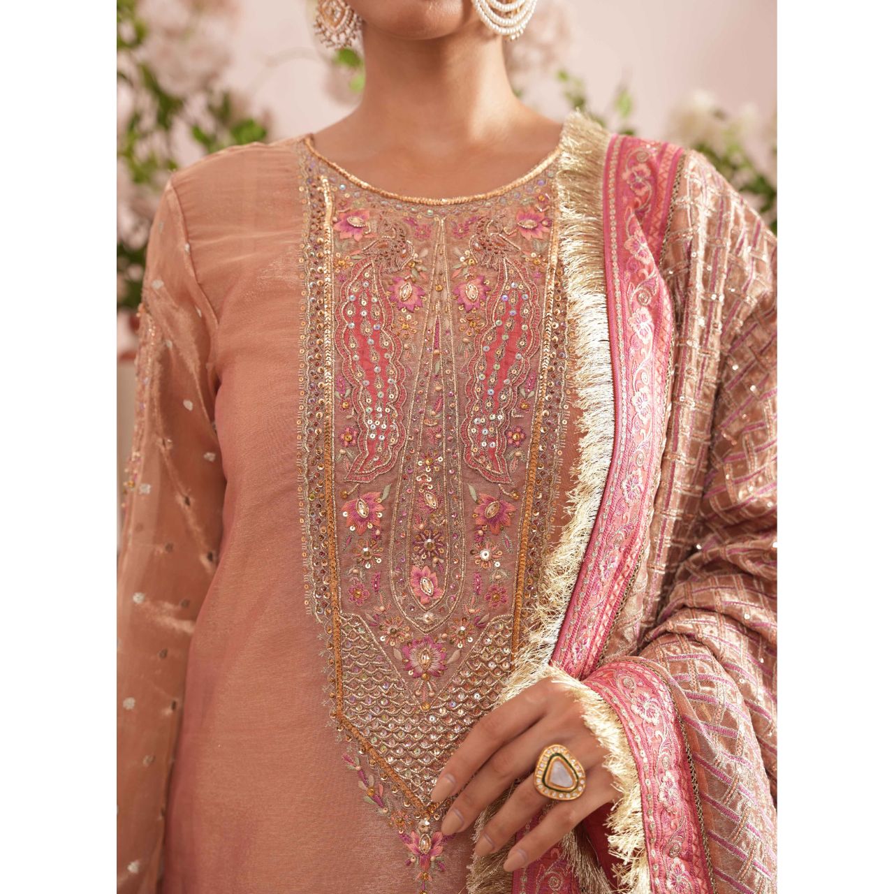 Noor 3 Pcs Embroidered Luxury Suit Rose Gold