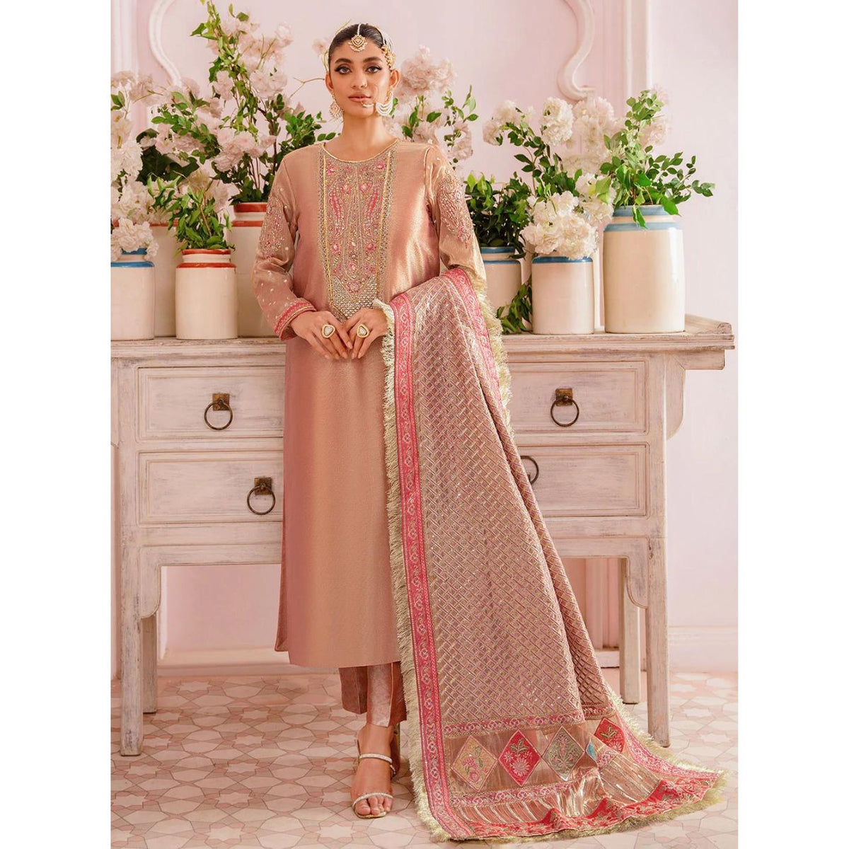 Noor 3 Pcs Embroidered Luxury Suit Rose Gold