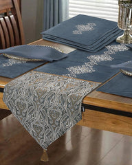 Paisley 7 Pcs Embroidered Table Runner Set Grey