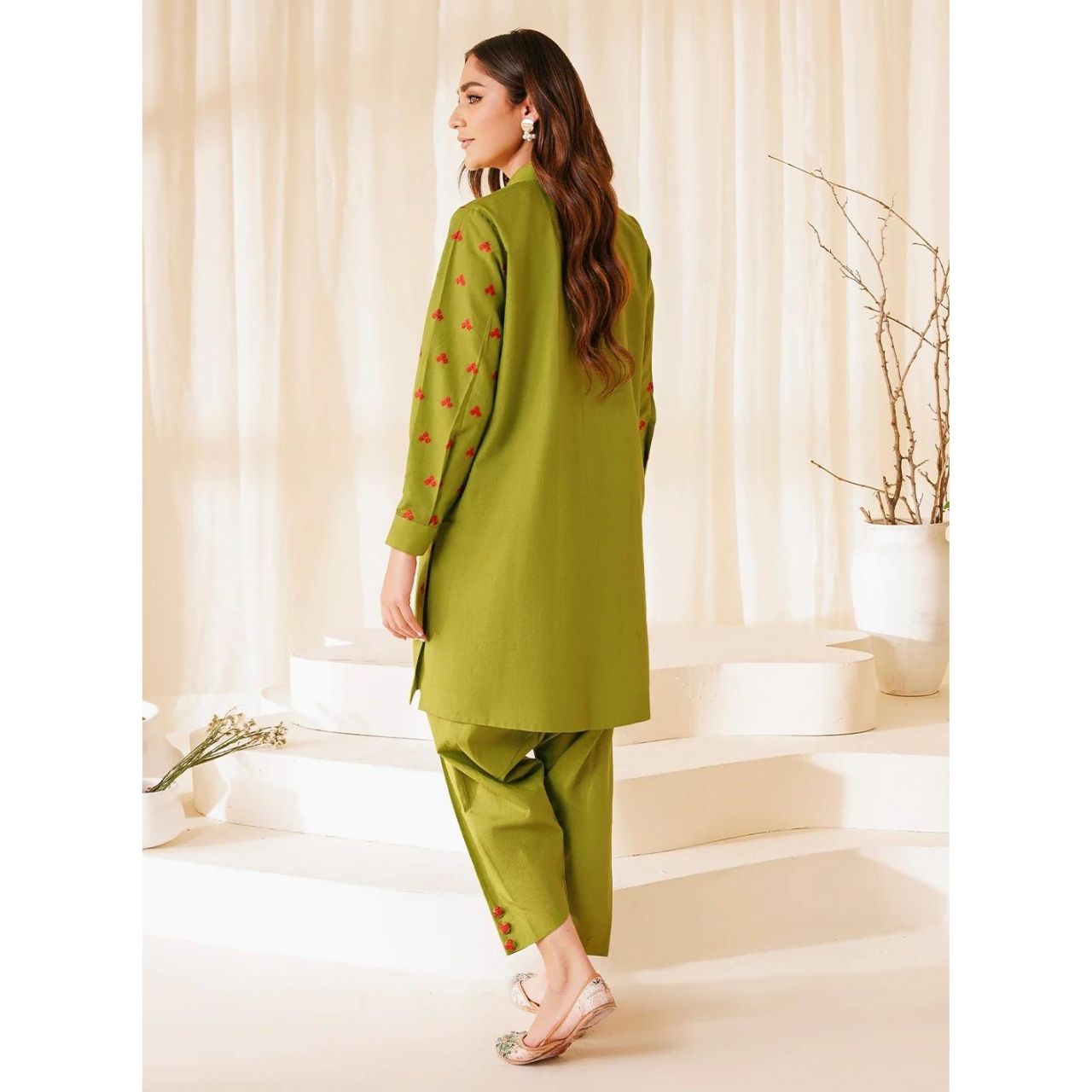 Parrot Green Embroidered Stitched Suit