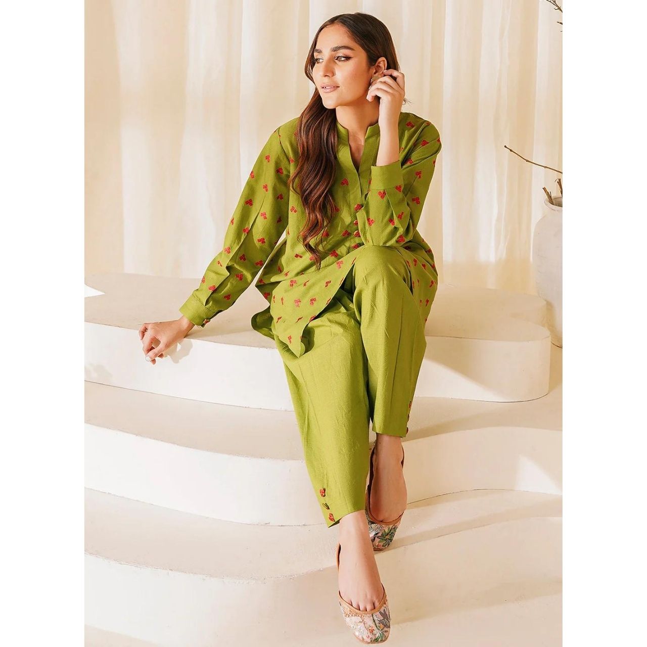 Parrot Green Embroidered Stitched Suit