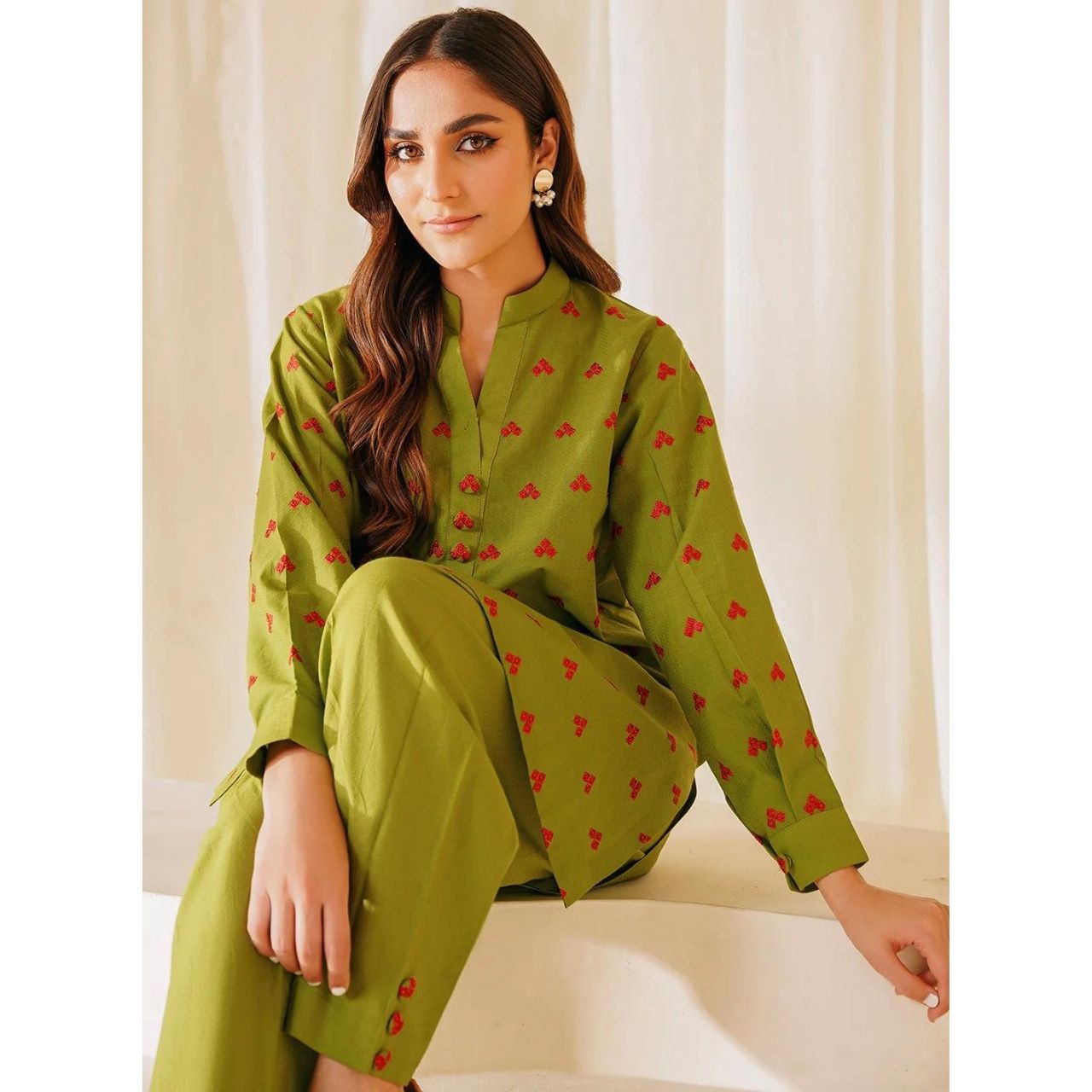 Parrot Green Embroidered Stitched Suit