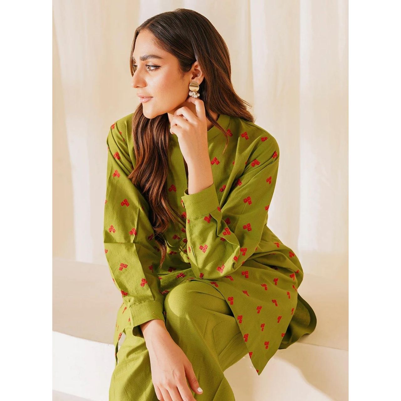 Parrot Green Embroidered Stitched Suit