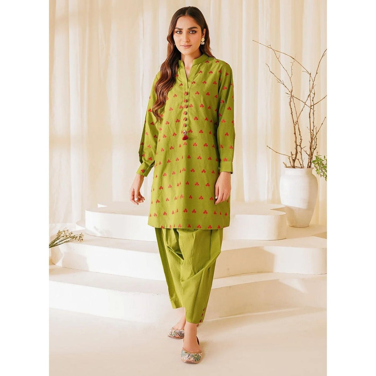 Parrot Green Embroidered Stitched Suit