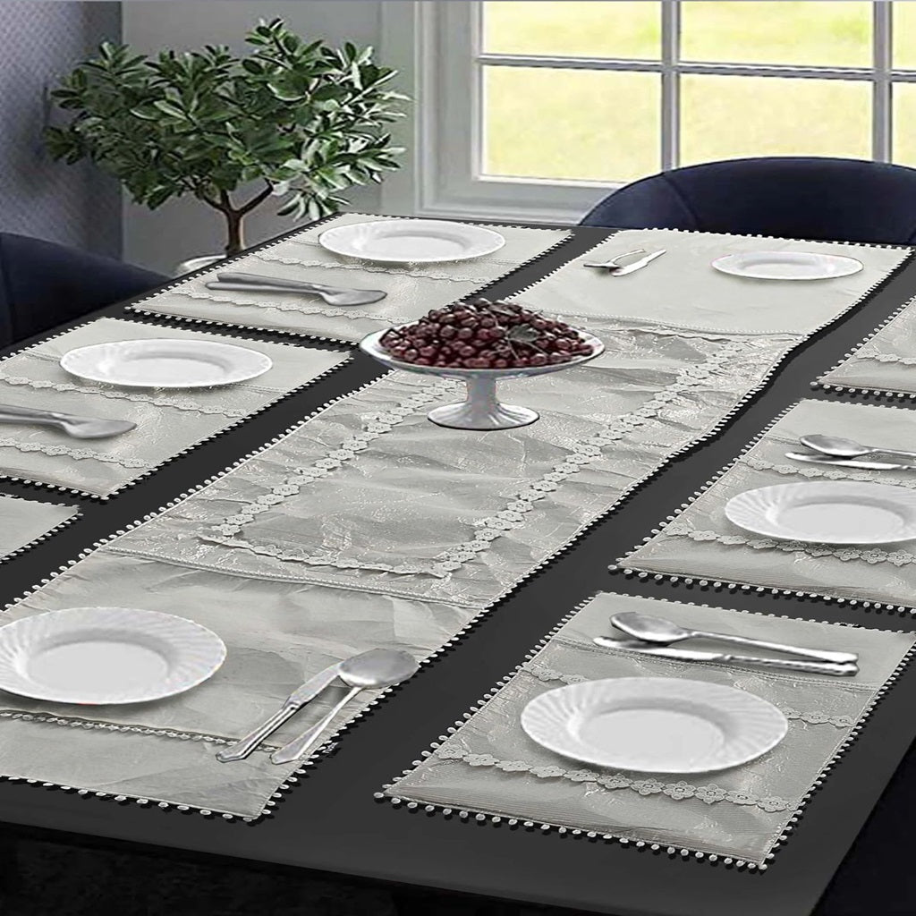 Pearl Embroidered 9 Pcs Table Runner Set Silver ( 8 Seater )