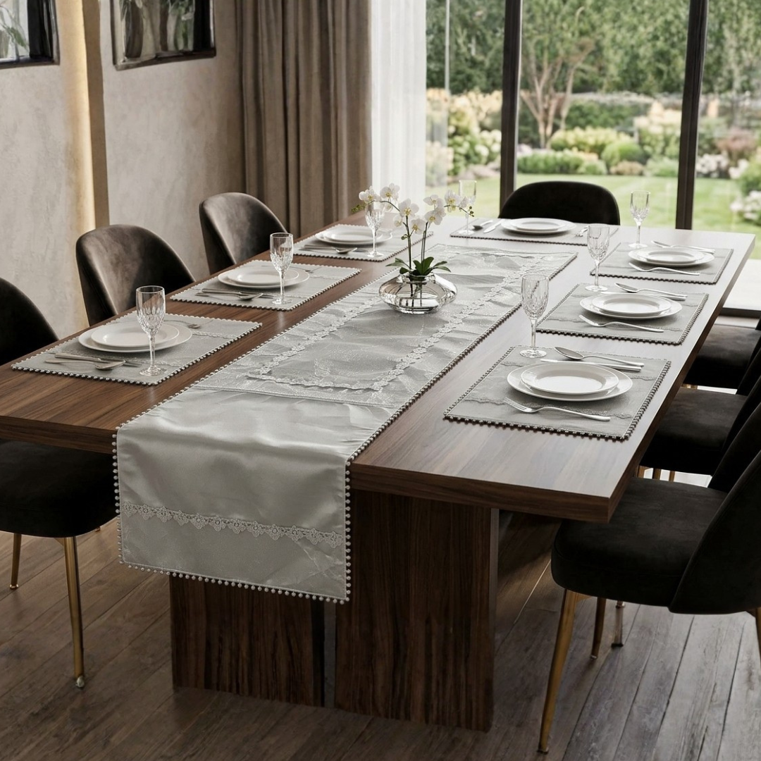 Pearl Embroidered 9 Pcs Table Runner Set Silver ( 8 Seater )