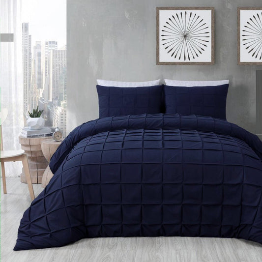 8 Pcs Pleated Square Navy Blue Bed Sheet Set With Quilt, Pillow And Cushions Covers 1080