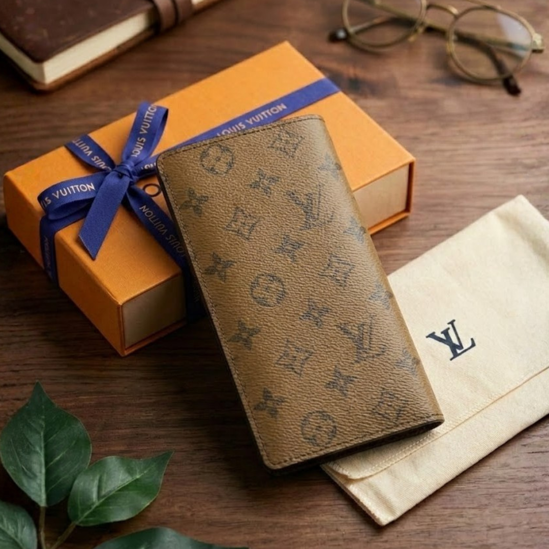 Premium LV Leather Men Bifold Long Wallet Brown