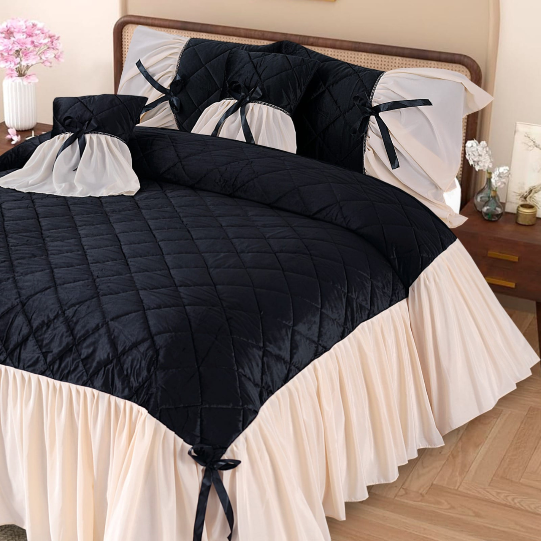 Pristine 5 Pcs Quilted Ruffle Set Velvet Black With Frill