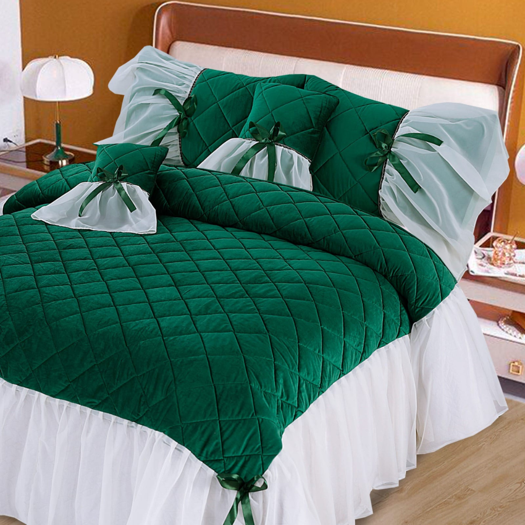 Pristine 5 Pcs Quilted Ruffle Set Velvet Green With Frill