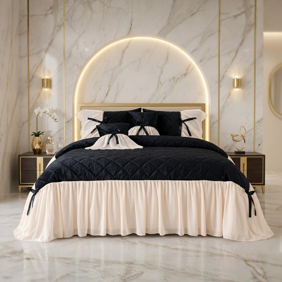 Pristine 5 Pcs Quilted Ruffle Set Velvet Black With Frill