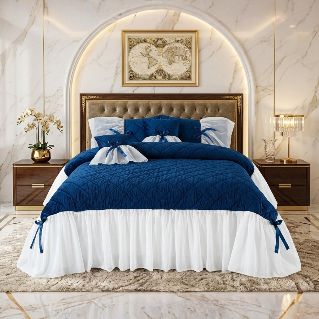 Pristine 5 Pcs Quilted Ruffle Set Velvet Navy With Frill