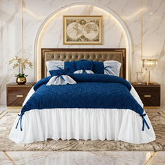 Pristine 5 Pcs Quilted Ruffle Set Velvet Navy With Frill