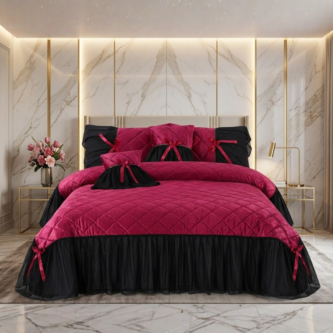 Pristine 5 Pcs Quilted Ruffle Set Velvet Pink With Frill