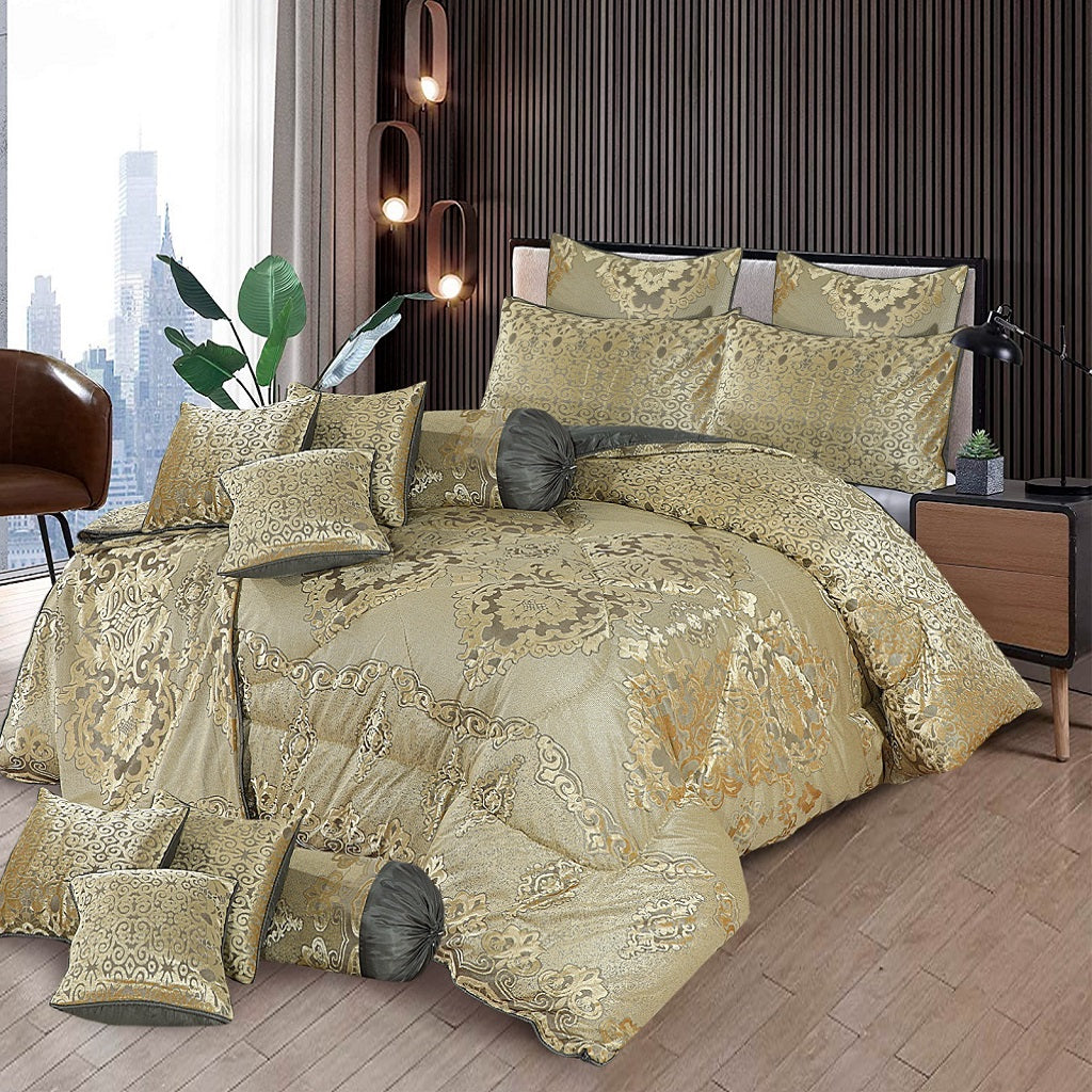 Quinn 14 Pcs Palachi Velvet Tan Gold Brown Bed Set with Filled Comforter