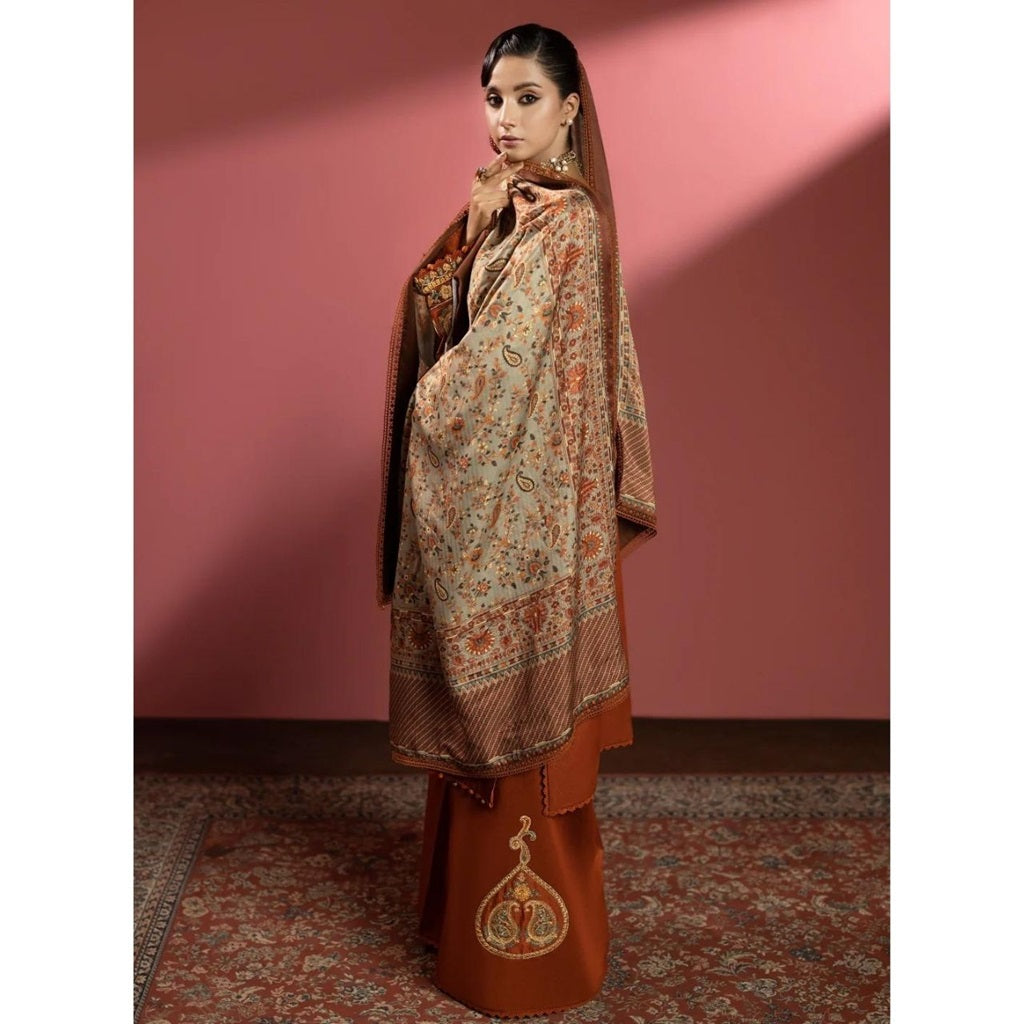 Rina 3 Pcs Embroidered Unstitched Winter Suit Brown