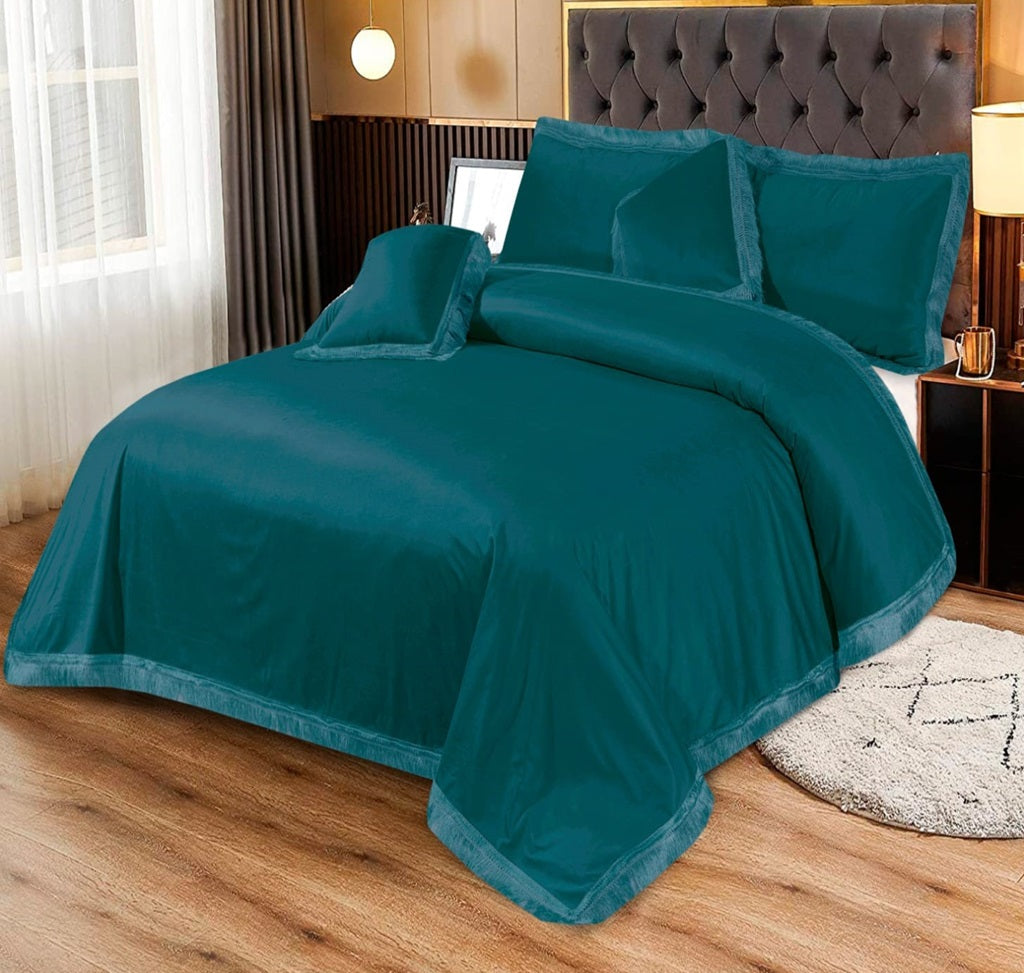 Ripple 5 Pcs Velvet Embossed Teal Bedding Set