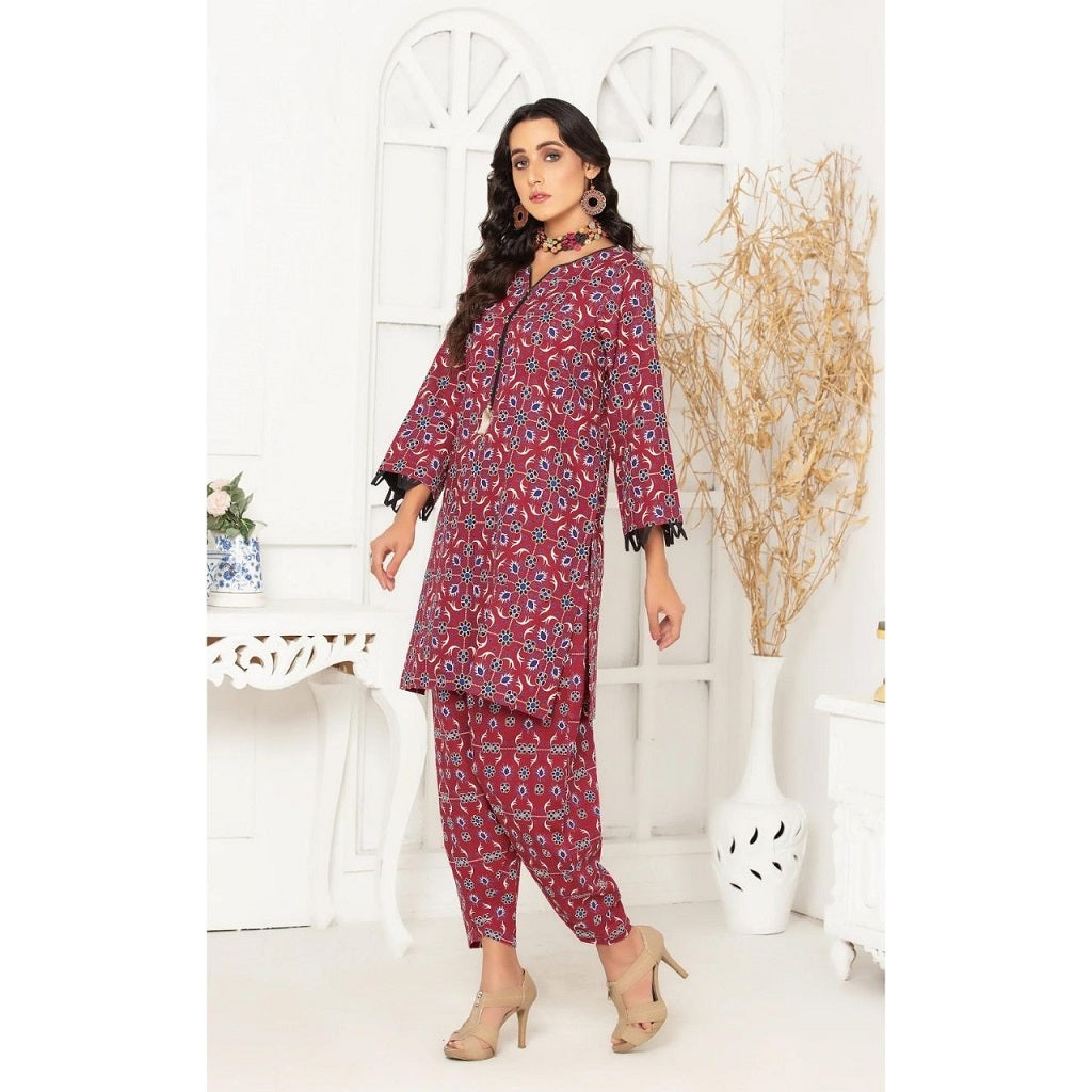 Safa Noor 2 Pcs Unstitched Printed Khaddar Suit Maroon