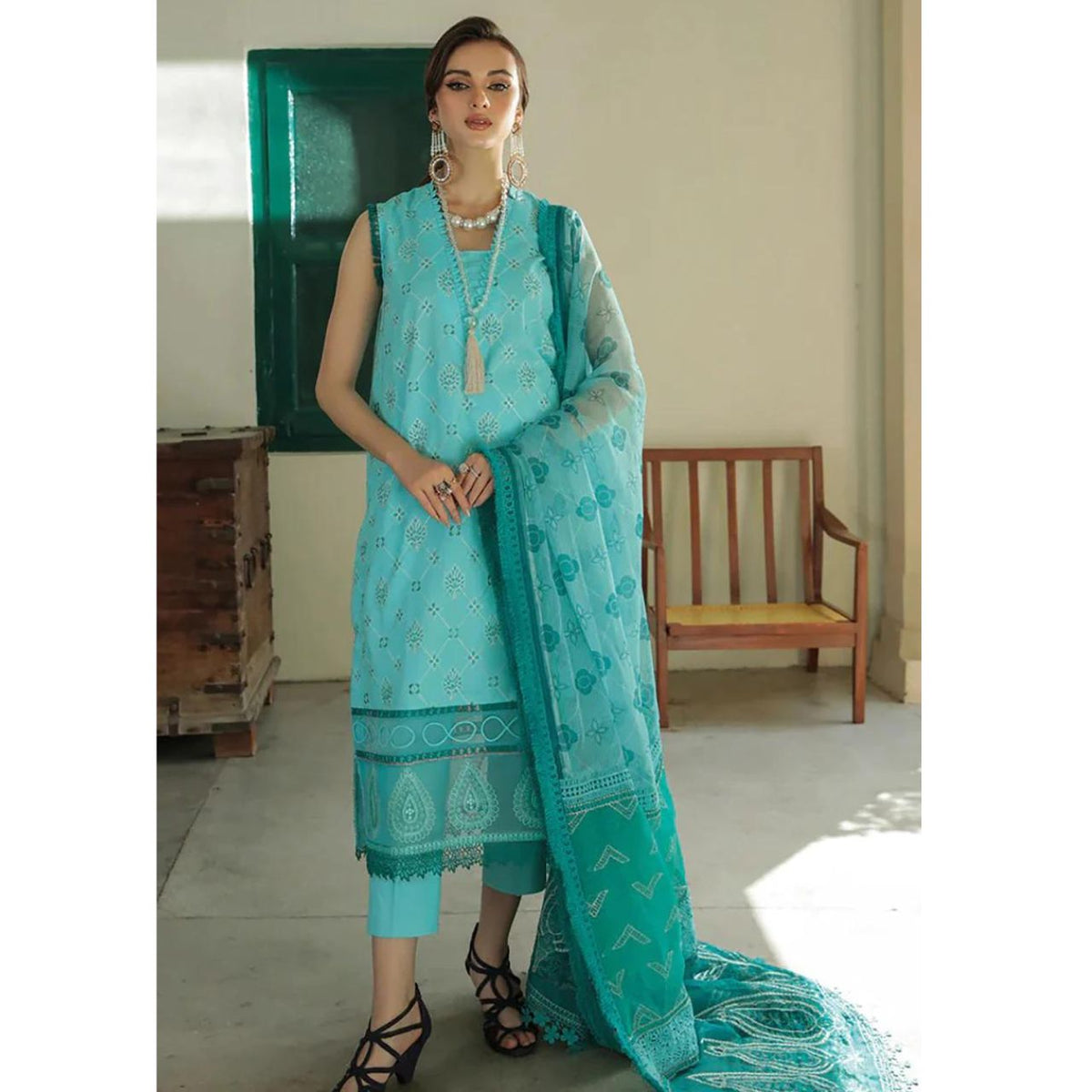 Sapphire 3 Pcs Embroidered Unstitched Lawn Suit Sky Blue ( Eid Edition )