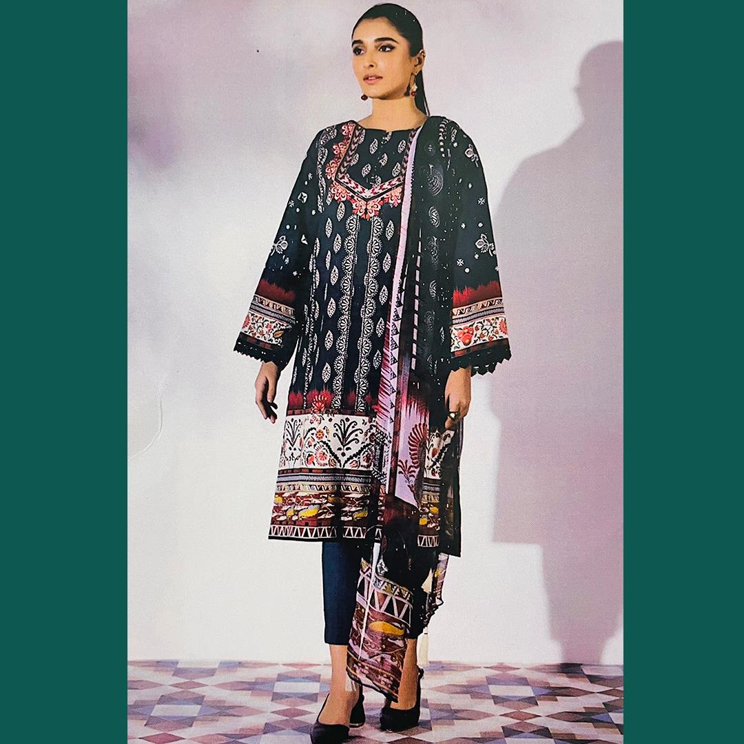 Sapphire 3 Pcs Unstitched Printed Lawn Suit Ogee Black