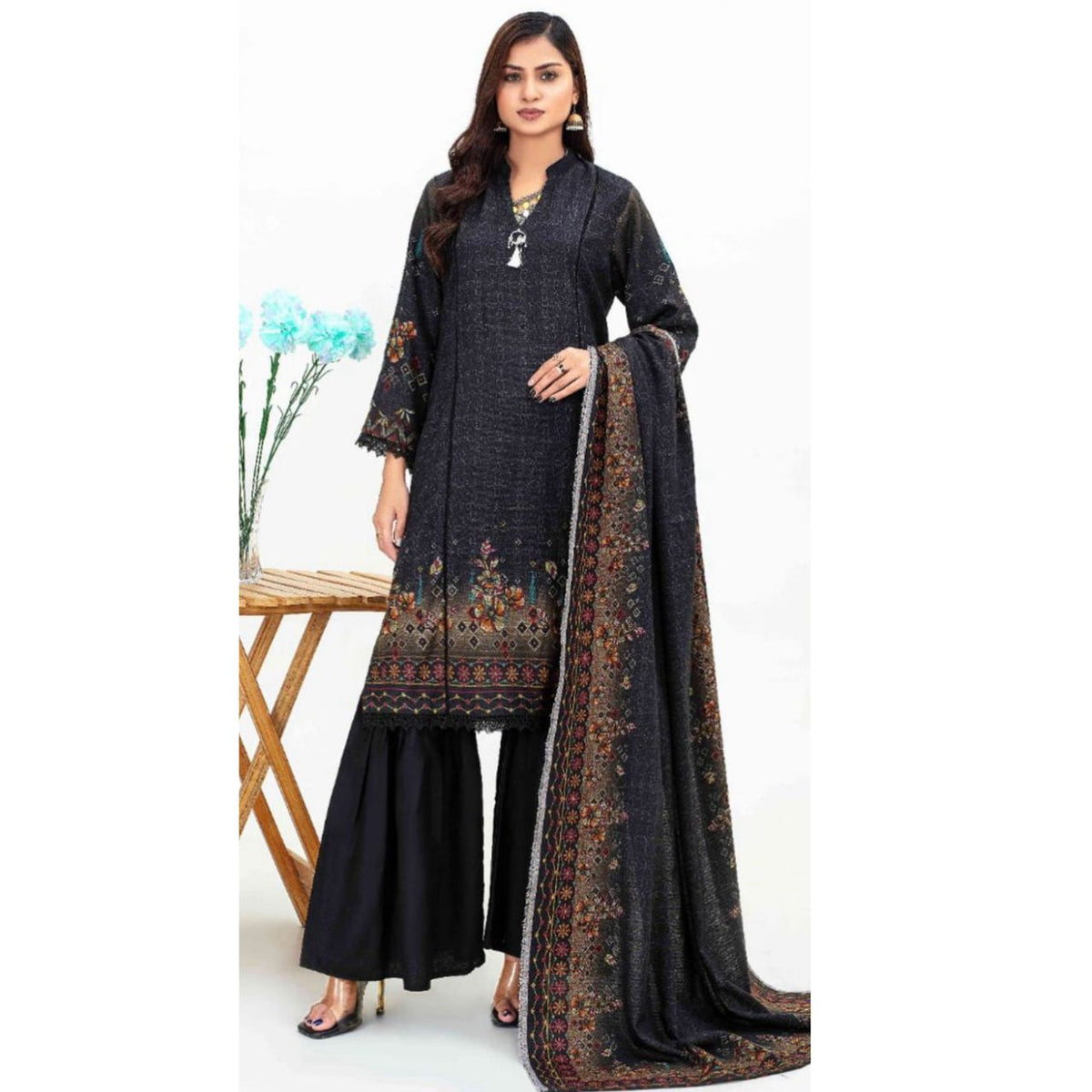 Sapphire 3 Pcs Unstitched Printed Winter Suit Black