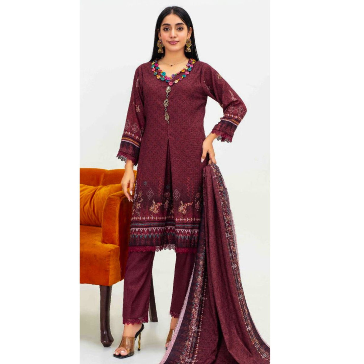 Sapphire 3 Pcs Unstitched Printed Winter Suit Brown