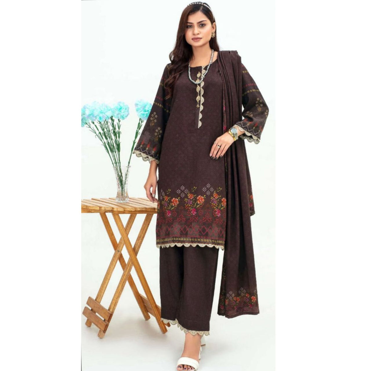 Sapphire 3 Pcs Unstitched Printed Winter Suit Dark Brown