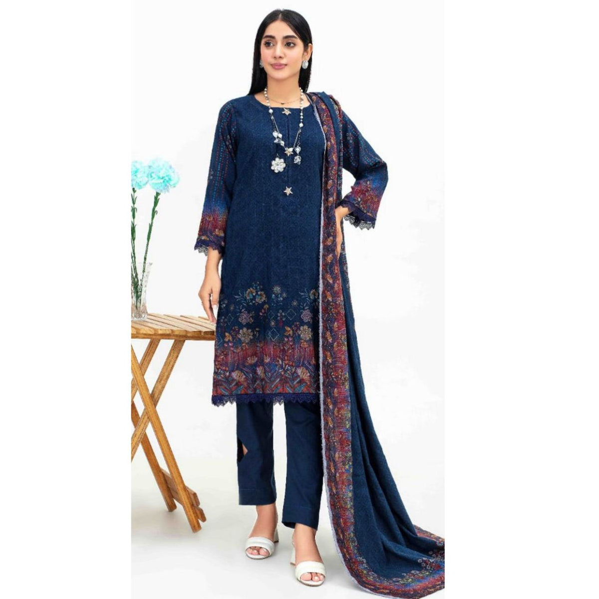 Sapphire 3 Pcs Unstitched Printed Winter Suit Navy Blue