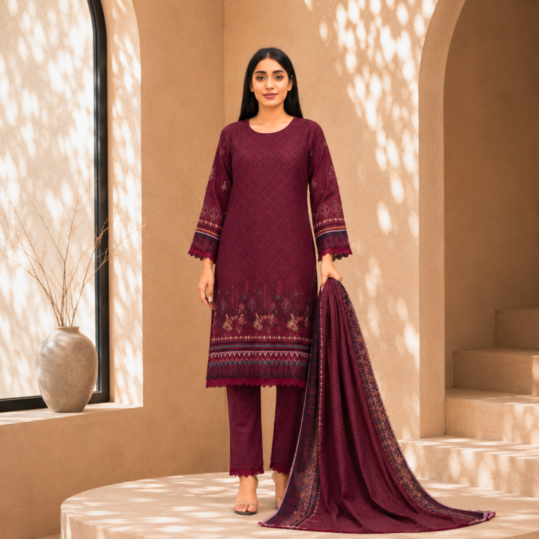 Sapphire 3 Pcs Unstitched Printed Winter Suit Brown