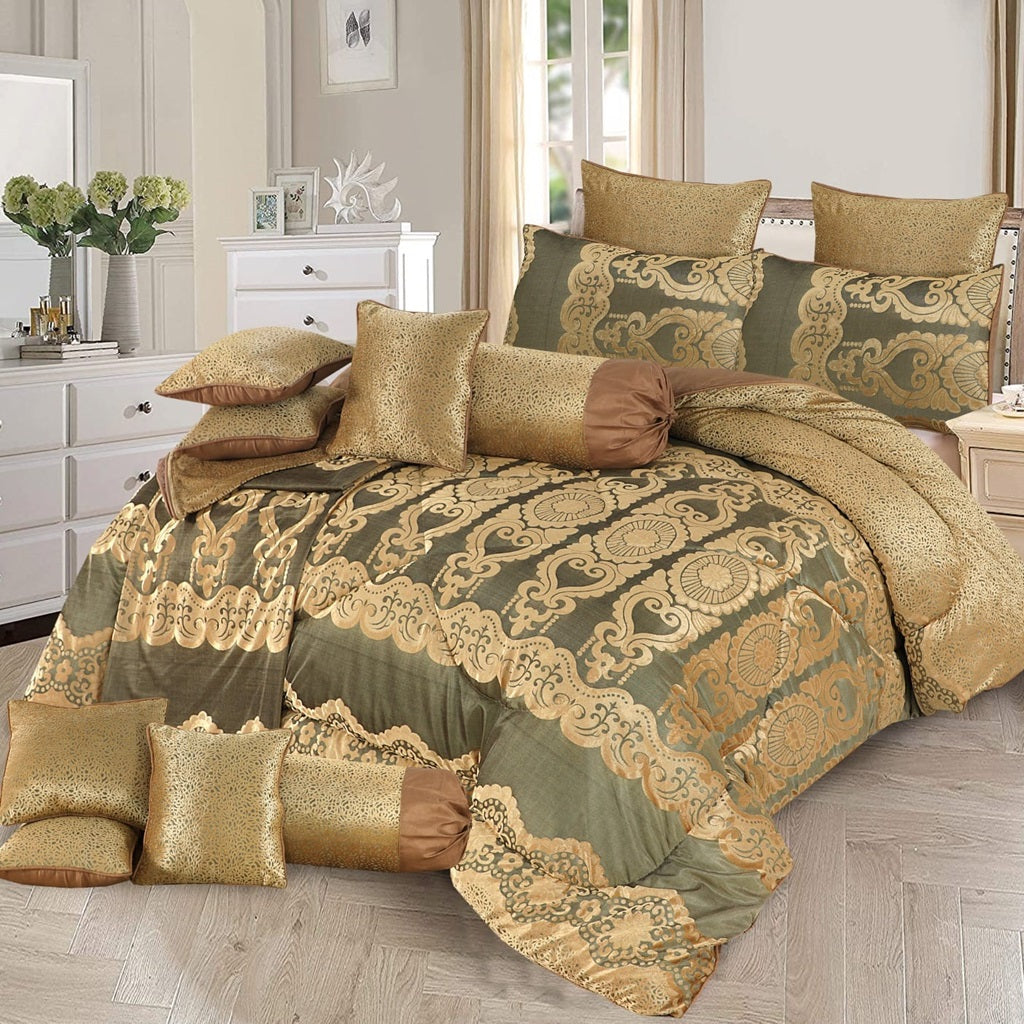 Sequoia 14 Pcs Velvet Gold Brown Bed Set with Filled Comforter