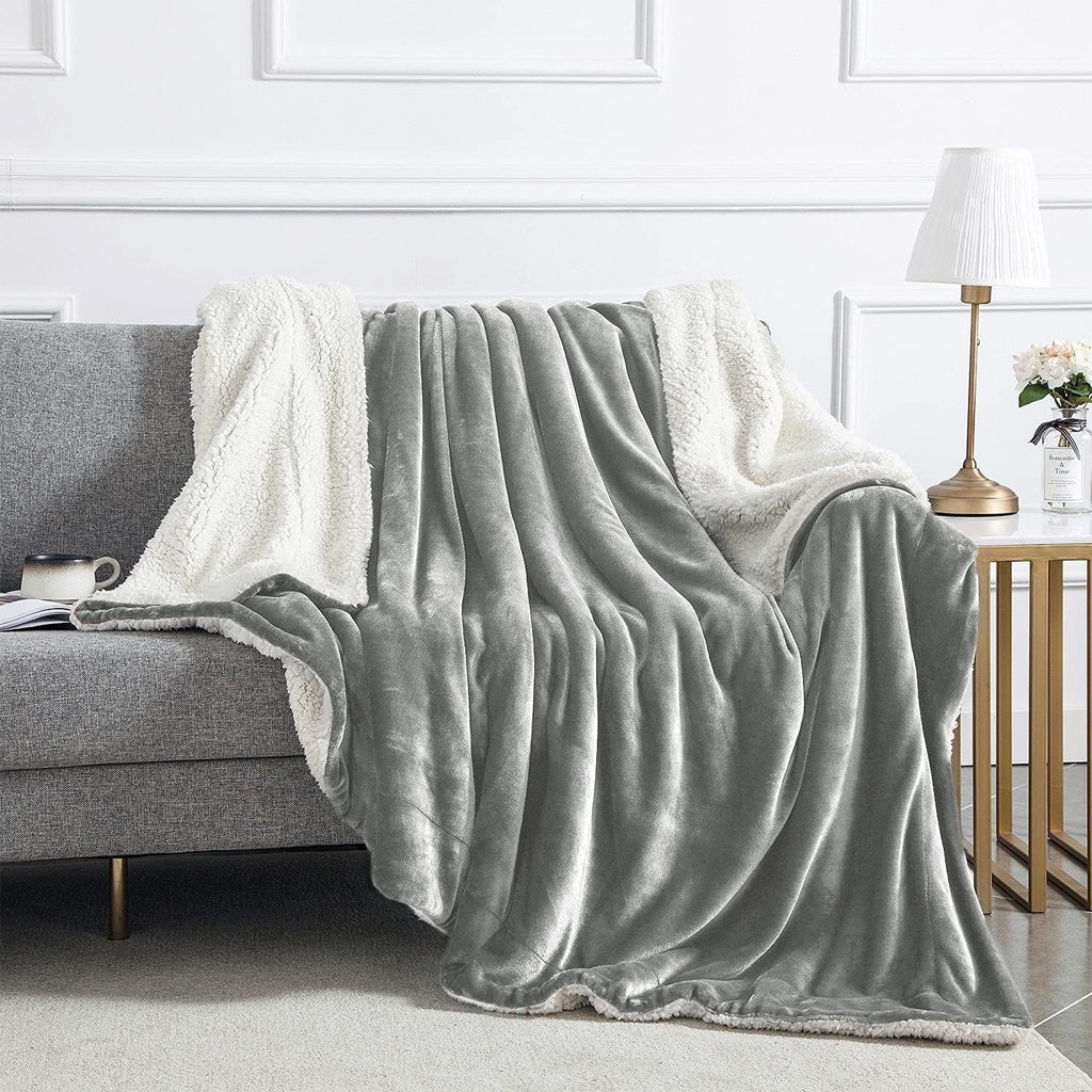 Sherpa Fleece Blanket Silver Grey Extra Warm for Winter ( 2000 GSM )