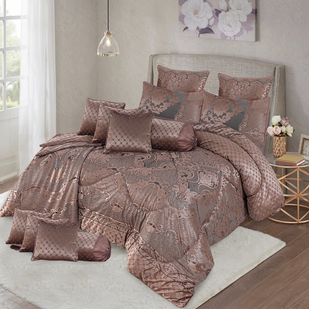 Sibilant 14 Pcs Velvet Brown Bed Set with Filled Comforter