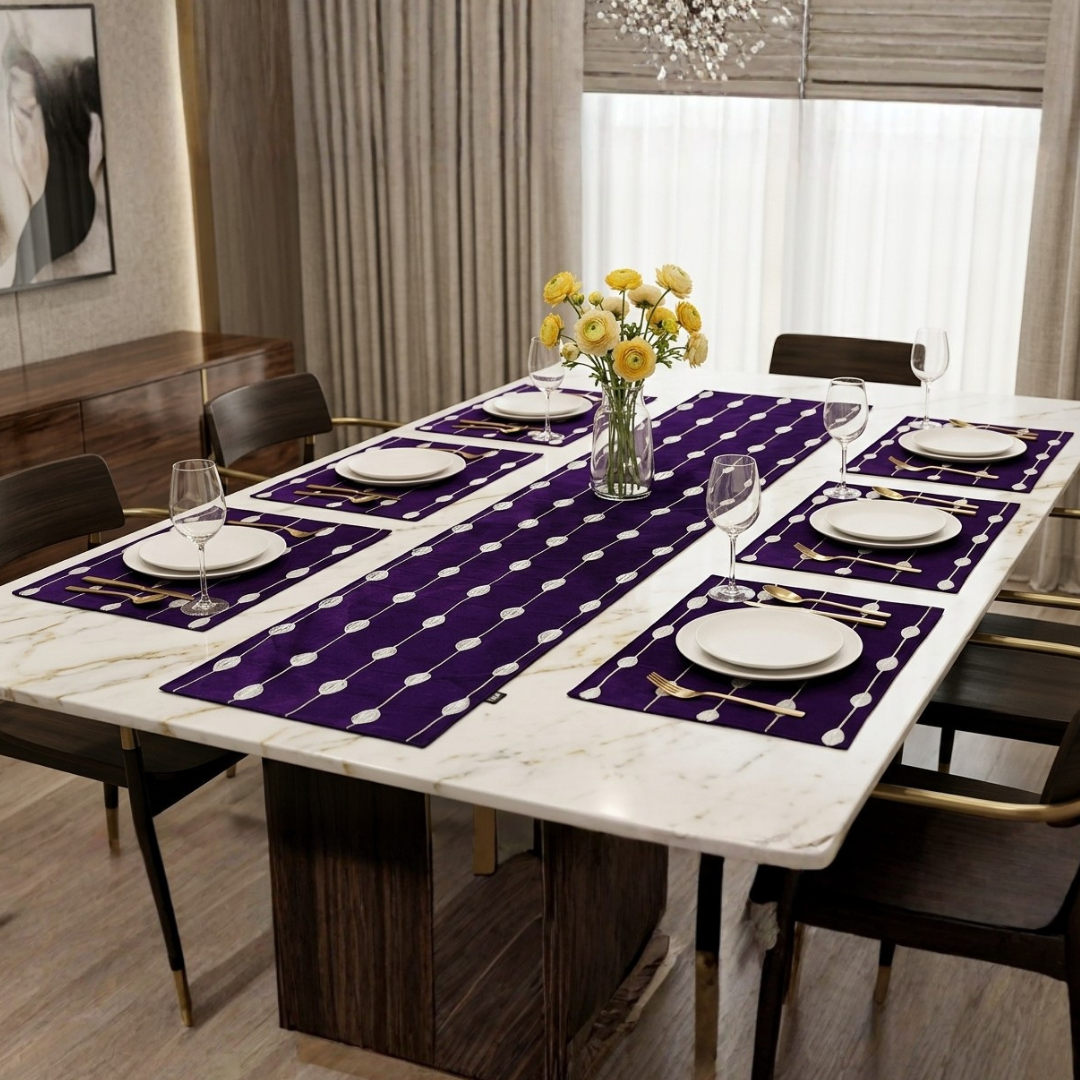 Silver Leaves 7 Pcs Embroidered Table Runner Set Purple