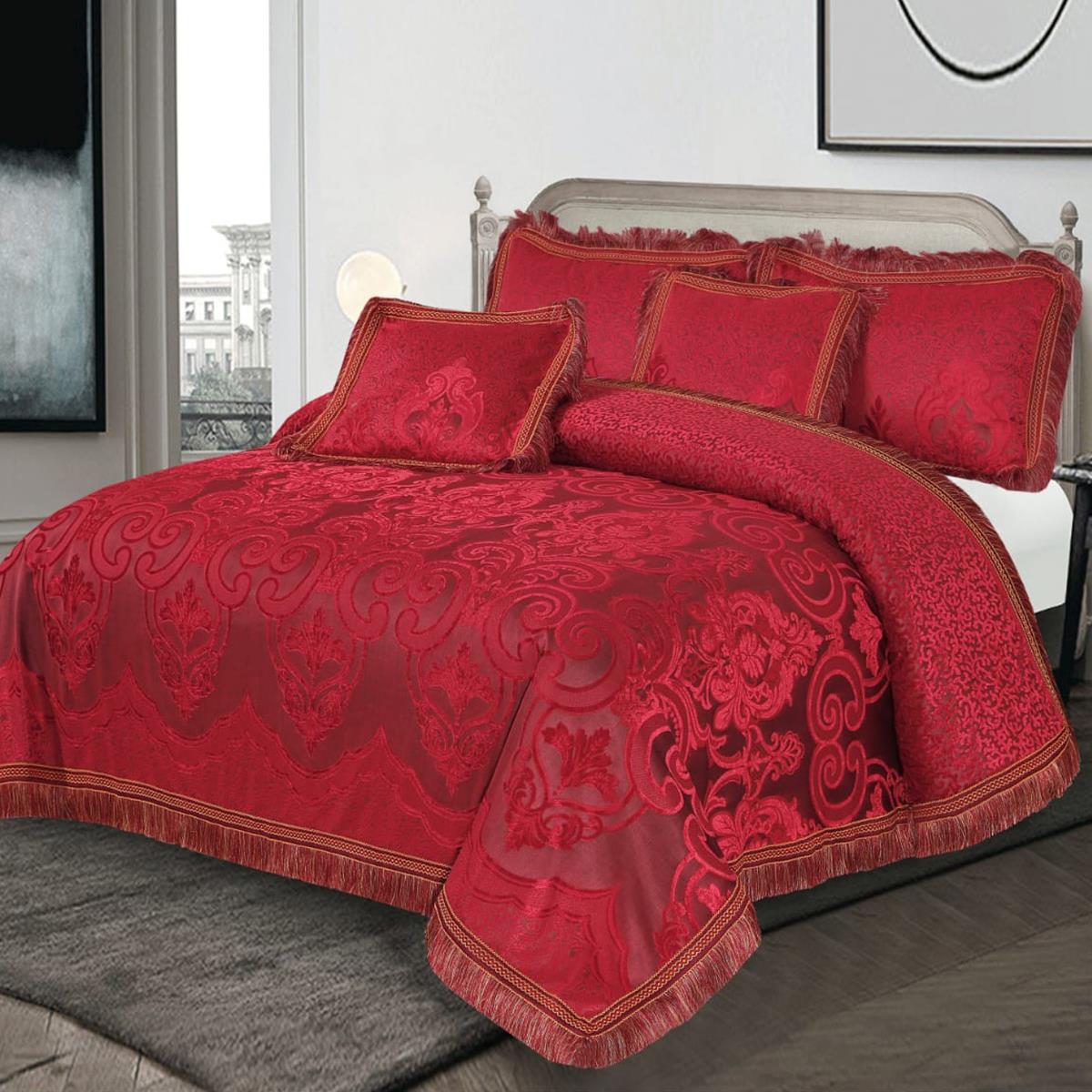 Silvia 5 Pcs Heavy Palachi Velvet Red Bedding Set 01