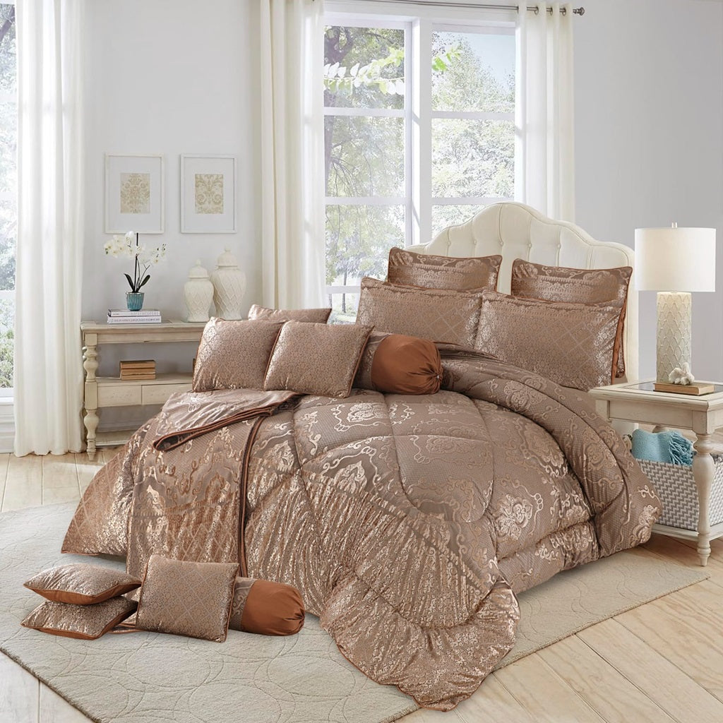 Solitude 14 Pcs Velvet Light Brown Bed Set with Filled Comforter