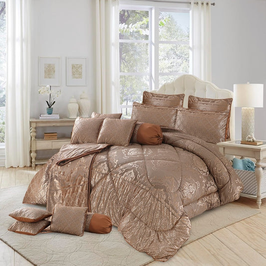 Solitude 14 Pcs Velvet Light Brown Bed Set with Filled Comforter 1024