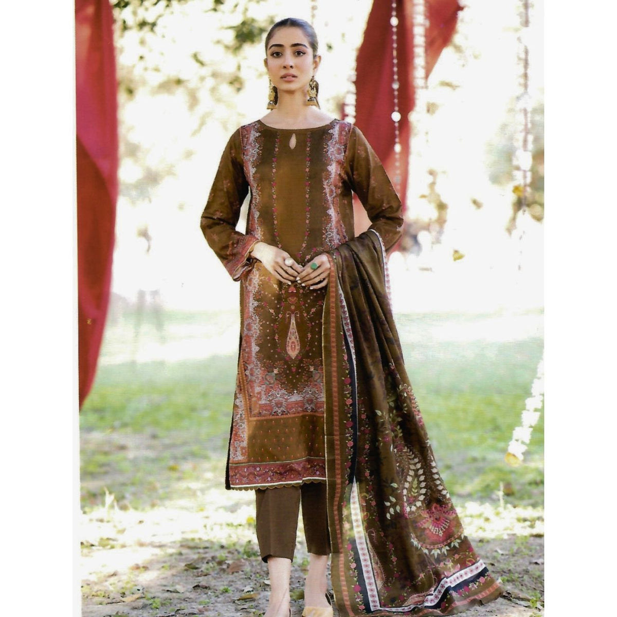 Sunrise 3 Pcs Unstitched Lawn Suit floral Brown