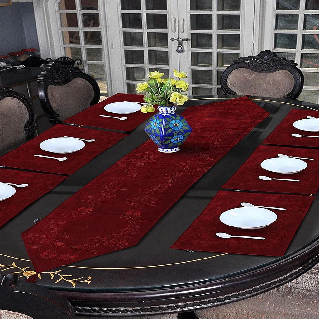 Hempel Embroidered 7 Pcs Table Runner Set Maroon ( 6 Seater )