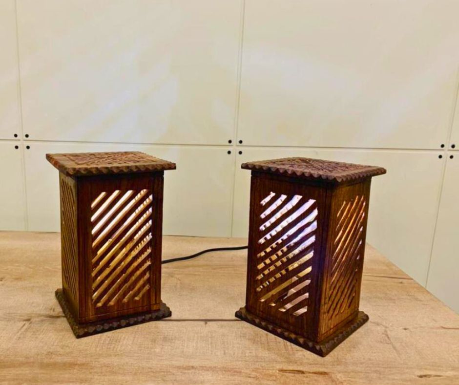 Vertigo Carved Wooden Table Lamp Pair