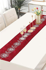 White Flower 1 Pcs Embroidered Table Runner Set Velvet Red