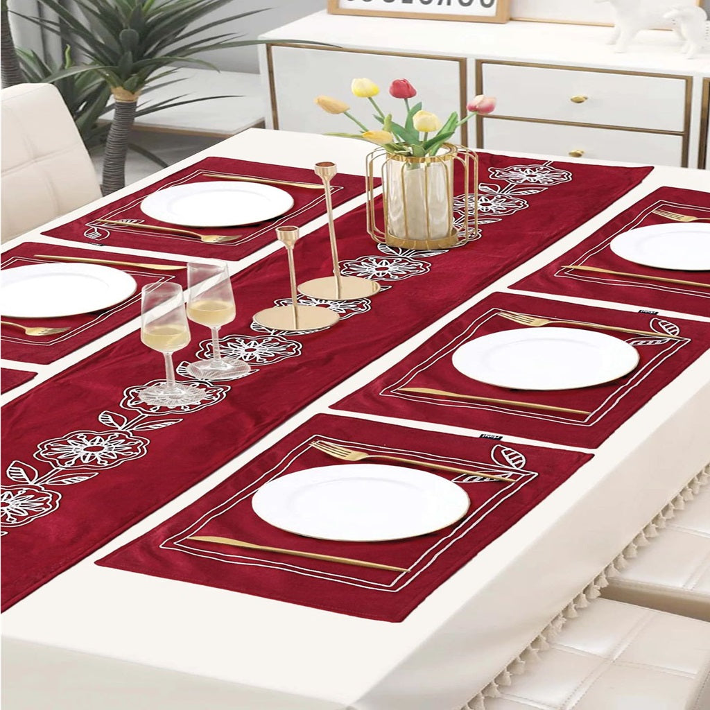 White Flower 7 Pcs Embroidered Table Runner Set Red